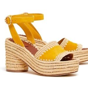 Tory Burch Arianne platform Yellow leather and raffia espadrille wedge Sandals